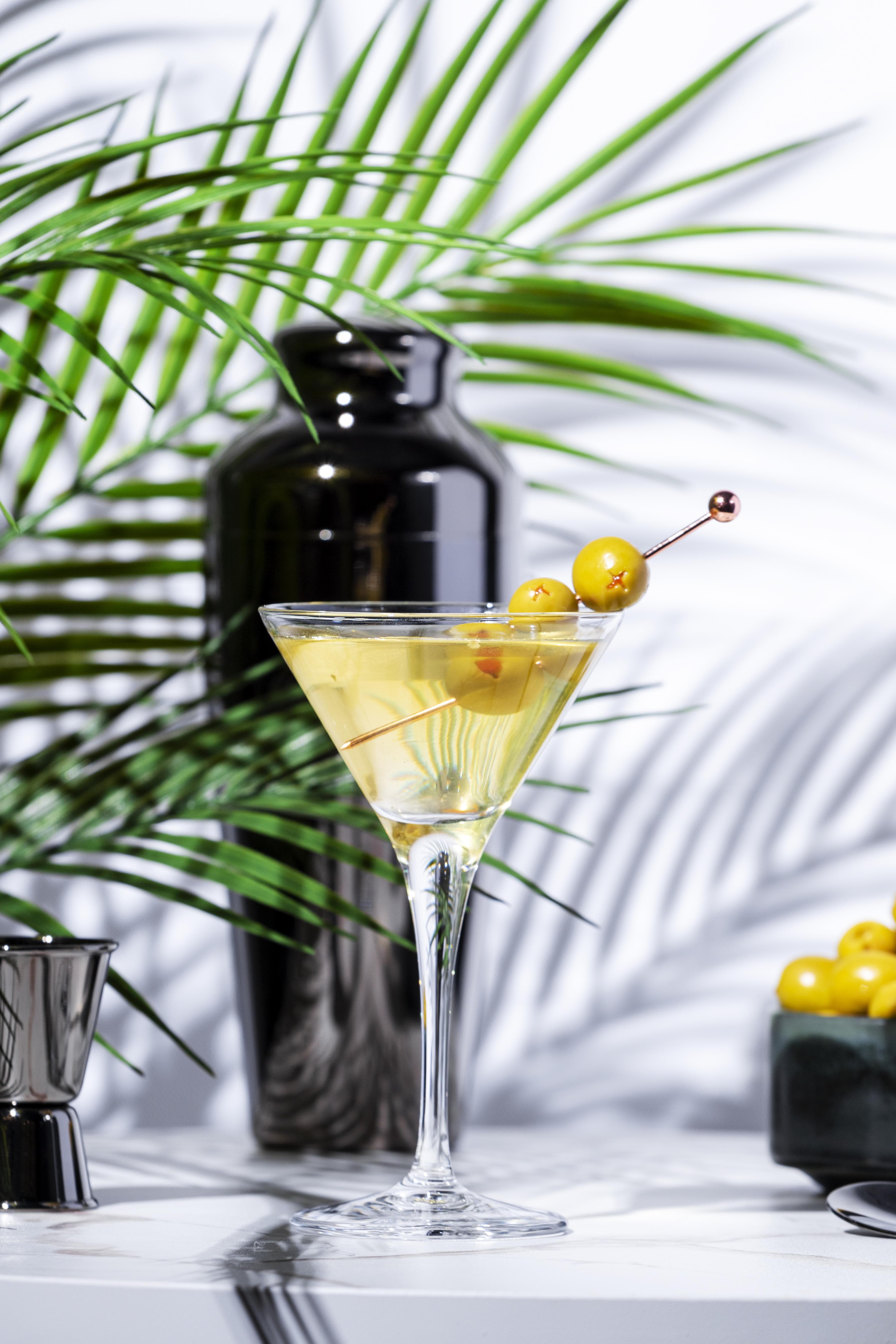 Ein eleganter Martini in einem Stielglas mit drei Oliven am Spieß, vor einem Shaker und tropischen Palmzweigen.