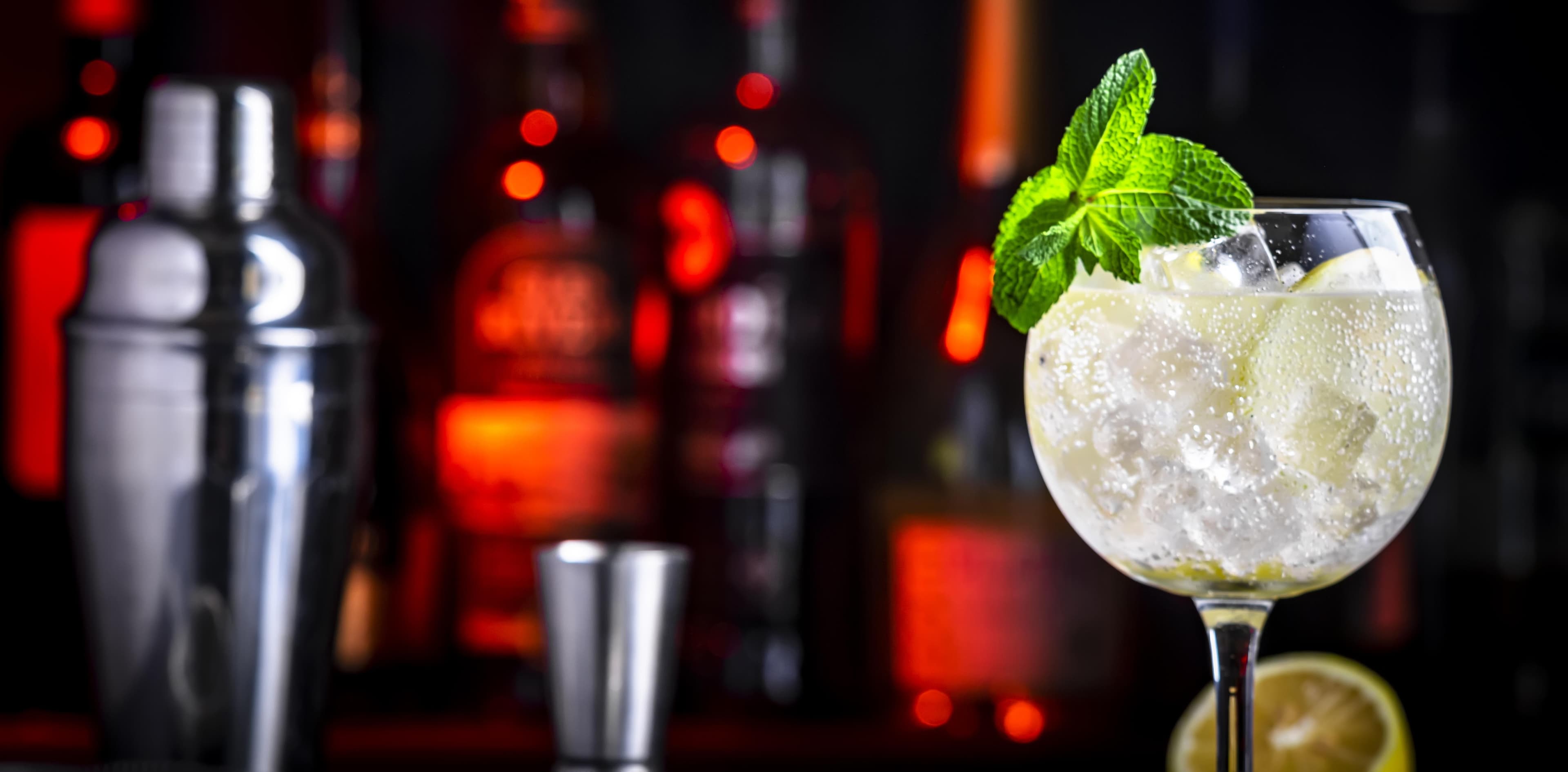 Ein spritziger Gin-Cocktail mit Minze und Eis in einem Ballonglas vor einem unscharfen Bar-Hintergrund mit Shaker.
