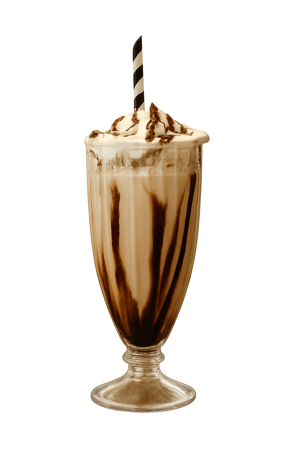 Schokoladen-Milchshake in einem hohen Glas mit Schlagsahne, Schokosauce und einem gestreiften Strohhalm.